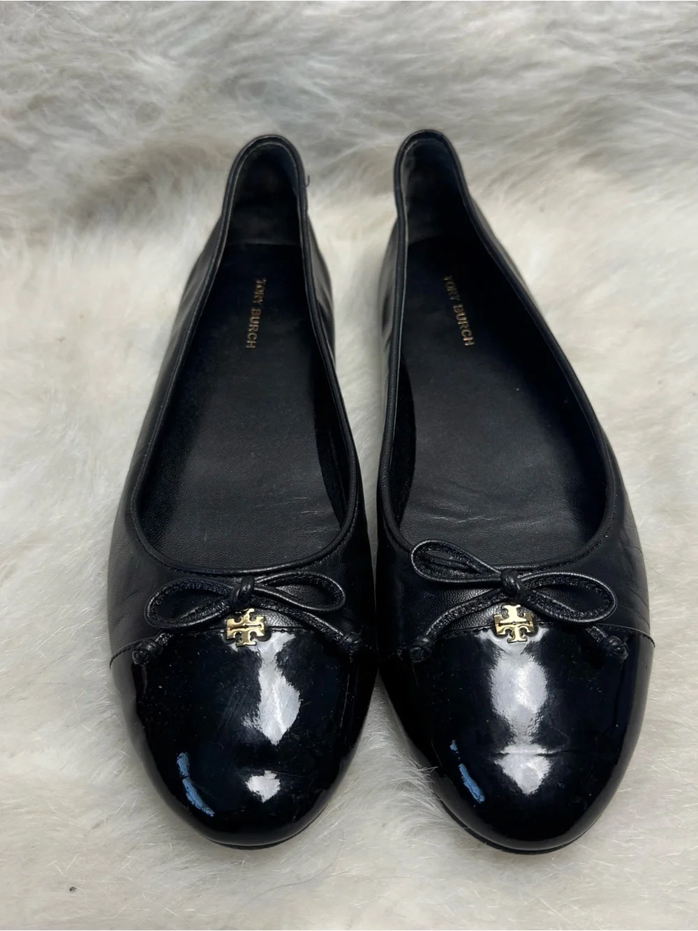 Tory Burch Patent Leather Cap Toe Bow Ballet Flats in Perfect Black 7.5